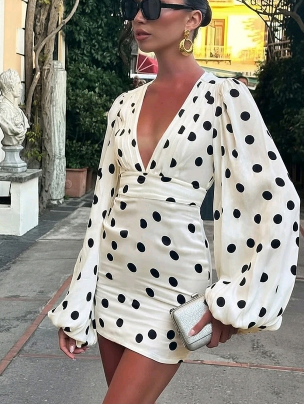 Polka Dot Deep V-Neck Mini Dress in Cream and Black